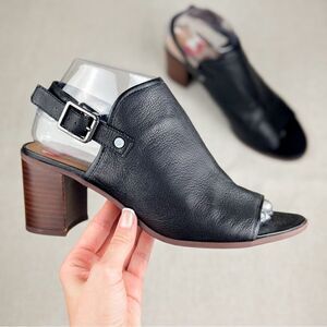 Franco Sarto Harbor Black Leather Open Toe Ankle Strap Heels size US 8M